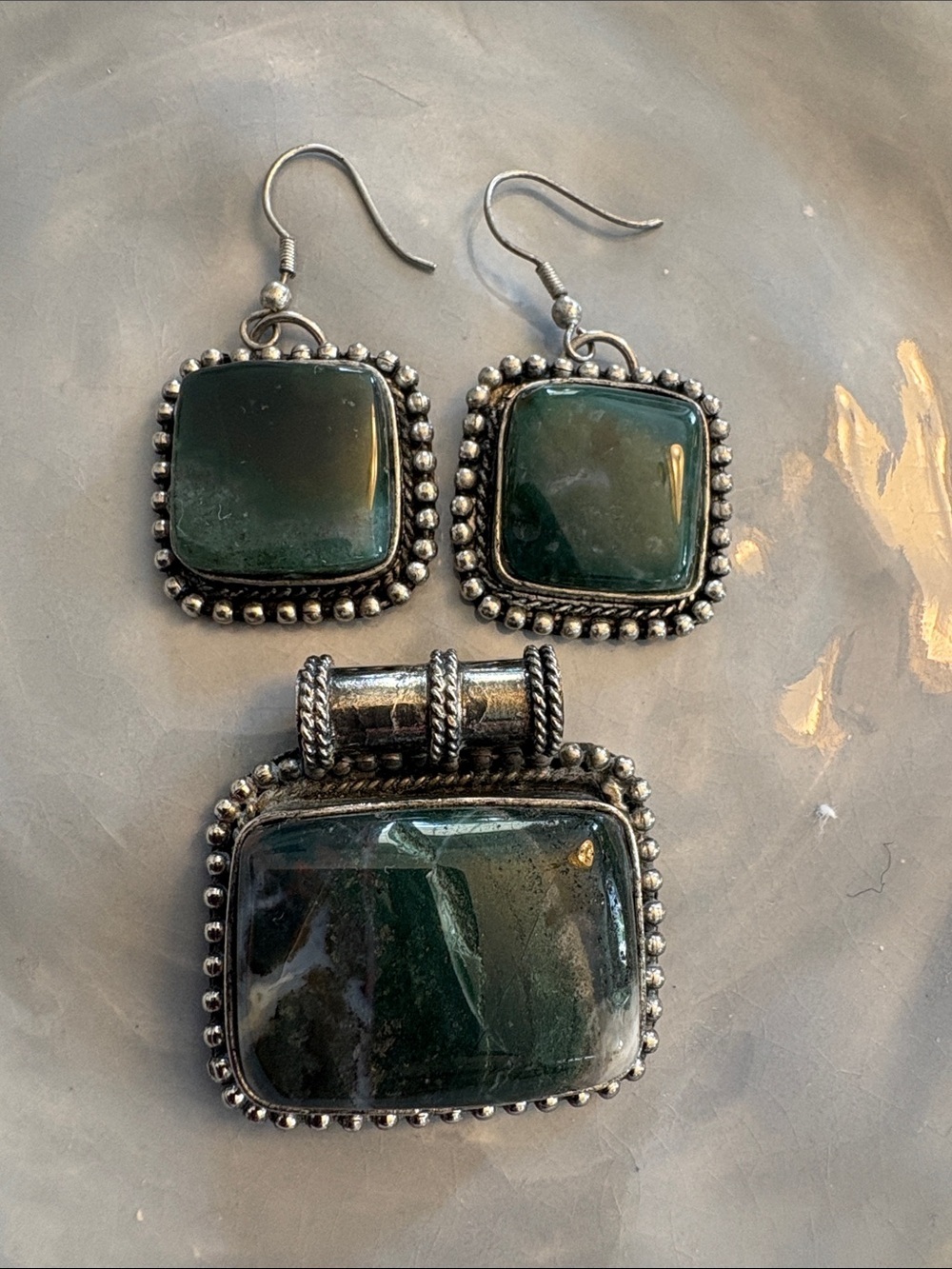 Green Stone Pendant and Earring Set in Silver-Tone Setting